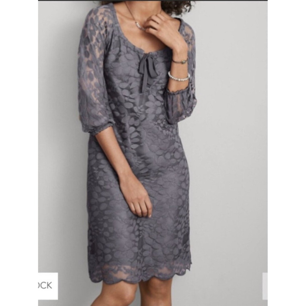 Garnet Hill Boheme Easy Lace Dress Sz 14 Gray 1/2 Sleeve Shift Cocktail Wedding